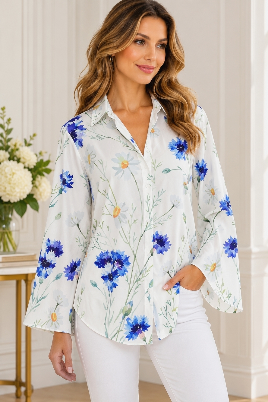 JustFashionNow Womens Button Up Blouse Sz M White Blue Floral Cornflower EXC